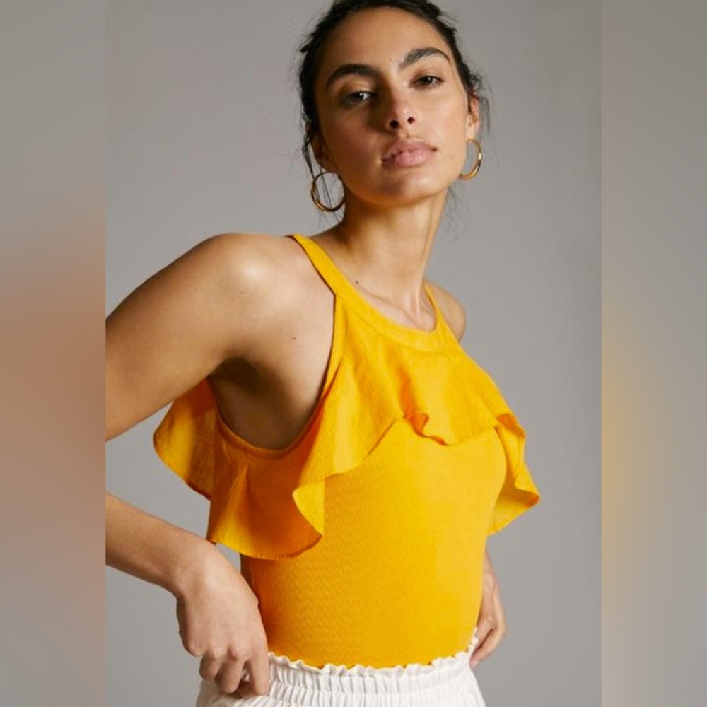 Anthropologie Maeve Ruffled Rib Halter Tank in Mango size Extra Small - NWT